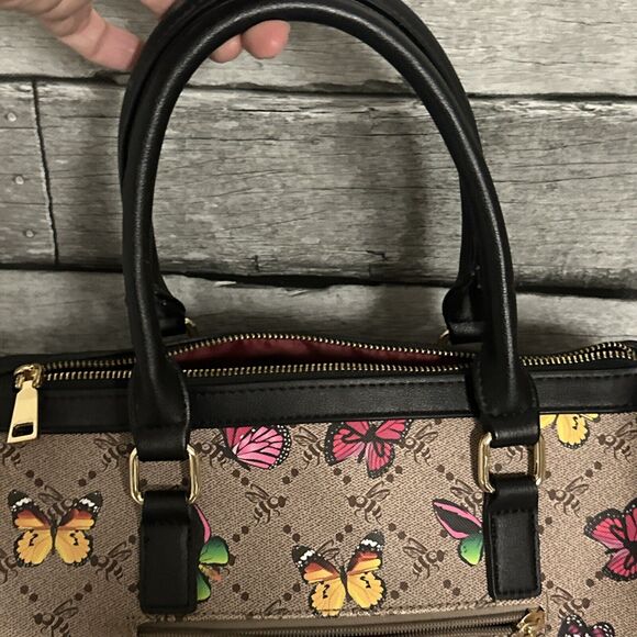 American Bee Butterflies & Bees Tote Beige Checkered Pattern & Black Trim - Picture 4 of 5